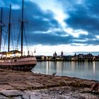 View of ship and Mainz in sunset