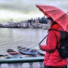 View to lake with red umbrella