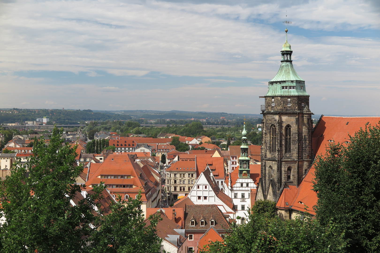 View to market square, townhouse and church of medieval Pirna