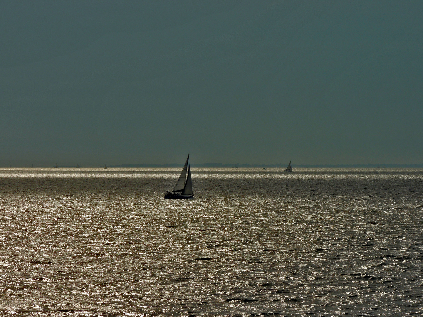 Voiliers sur une mer aux reflets d'argents