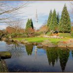 Vom Japanische Garten in Planten und Blomen Blick auf dem Hamburger Fernsehturm.