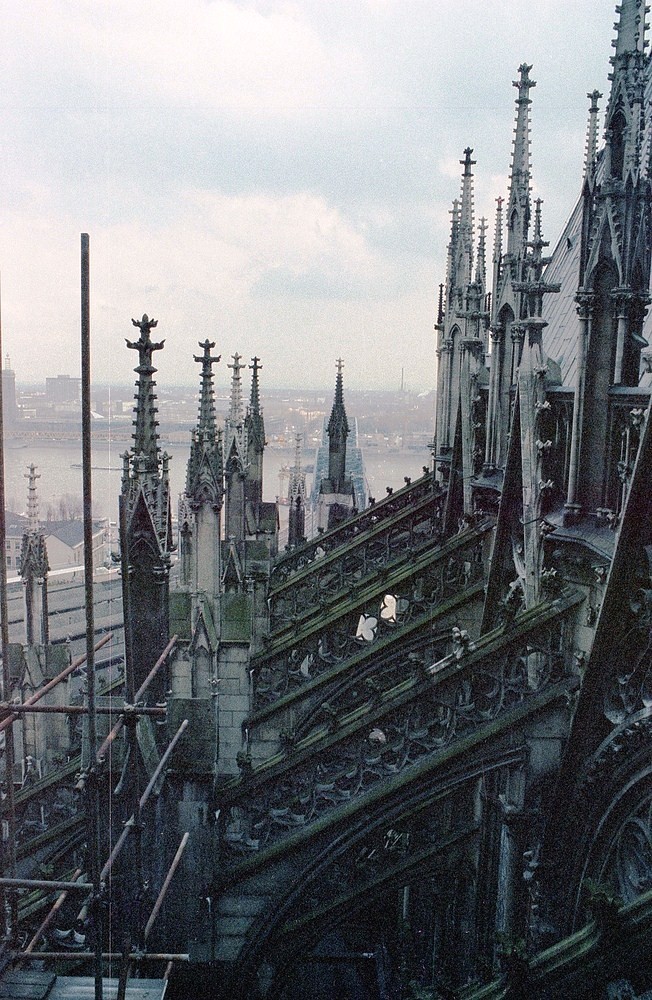 Vom Kölner Dom in 45 m Höhe Richtung Hohenzollernbrücke fotografiert.