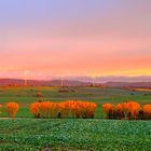 Vom Sonnenaufgang gefärbter Blick über die Felder in Richtung Harz