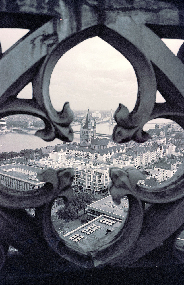 Vom Vierungsturm des Kölner Doms Richtung Kirche Gross Sankt Martin d. d. Brüstung (1986)