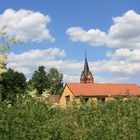 Von der Wiese auf den Kirchturm geschaut