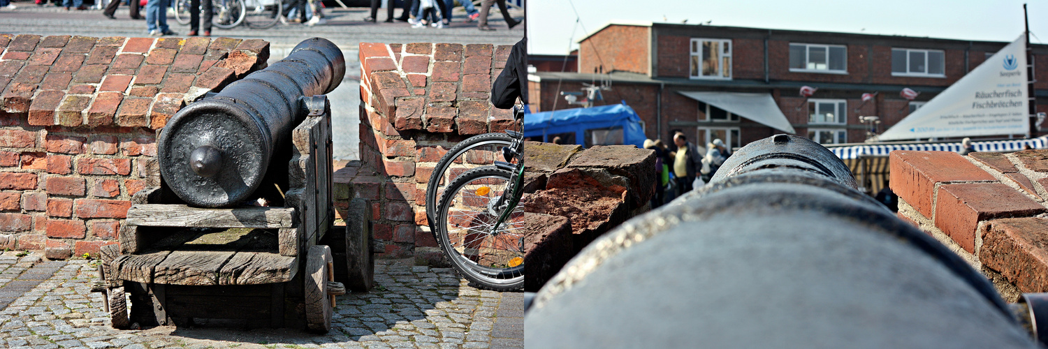 Vorderlader Kanone an der alten Stadtmauer in der Hansestadt Wismar.