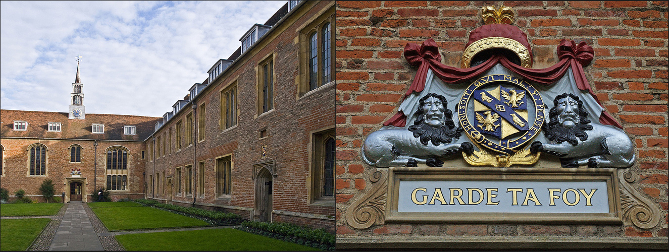  Vue générale avec le premier jardin et devise du Collège  --  Magdalene College, Cambridge 