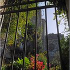 Vue sur la collégiale de la Romieu (Gers) à partir du jardin arrière 