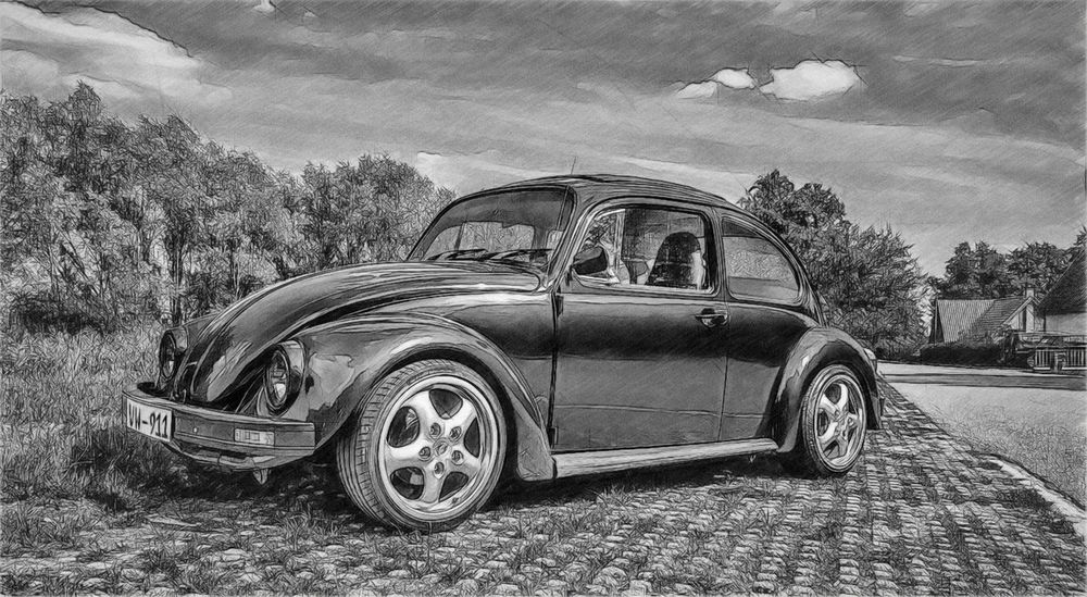 VW Käfer    Schwarzweiß-Zeichnung