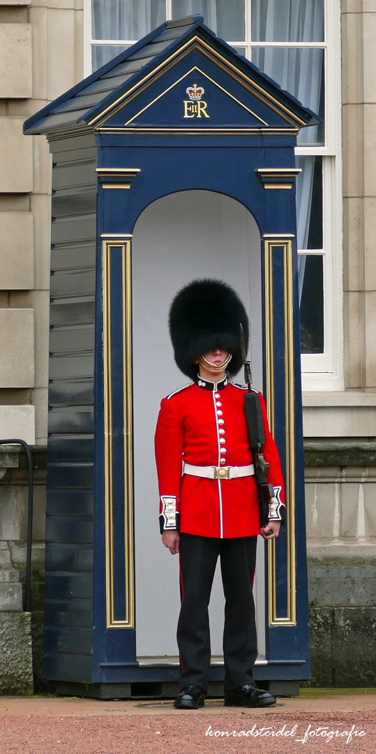 Wache mit Bärenmüize vor dem Buckingham Palace in London