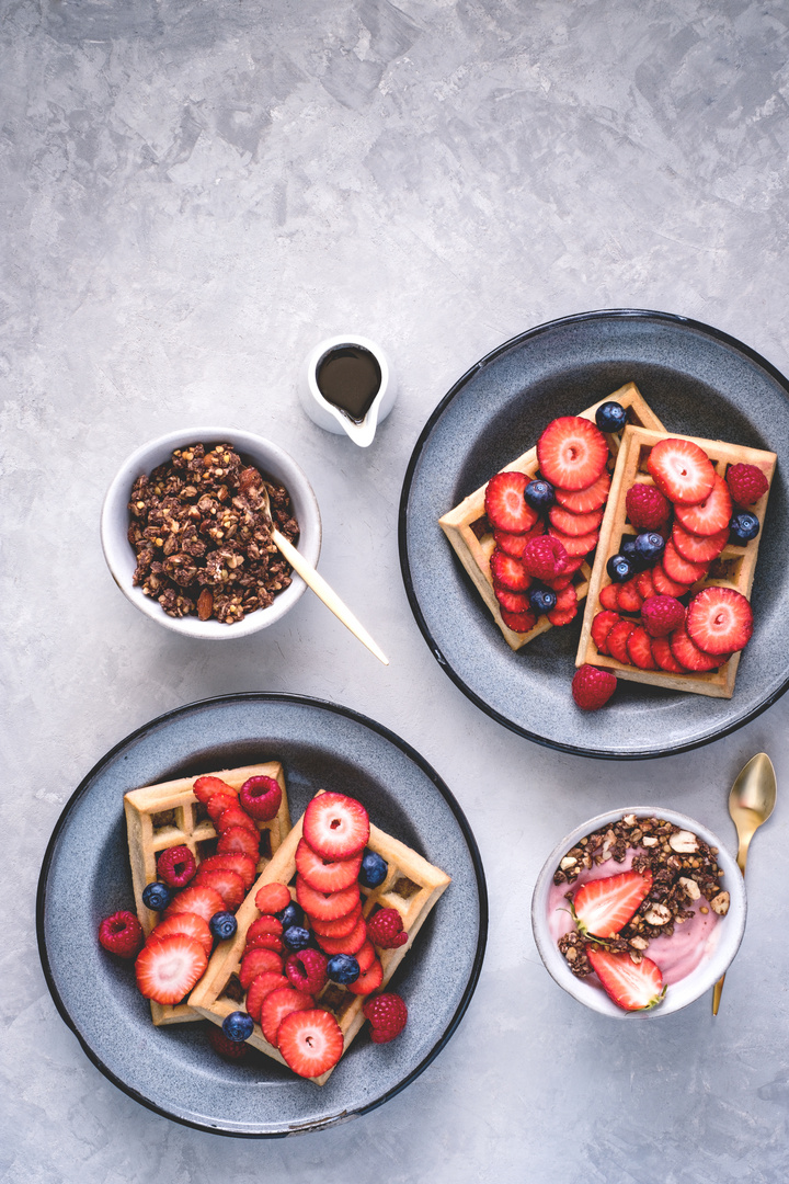 Waffles berries coyo choc buckwheat granola