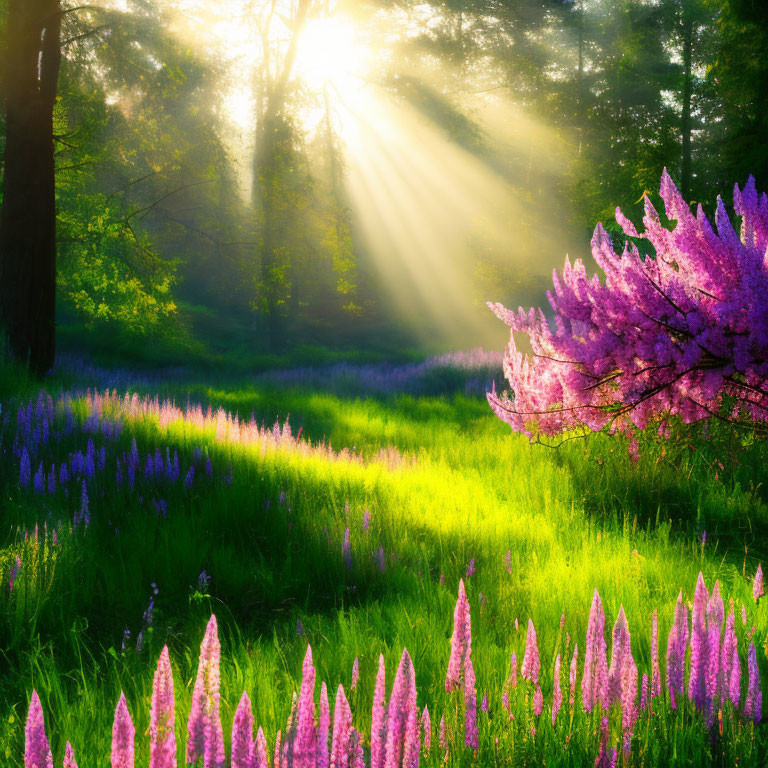 Wald mit Wiese im Sonnenlicht