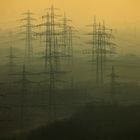 Wald von Hochspannungsmasten im Dunst