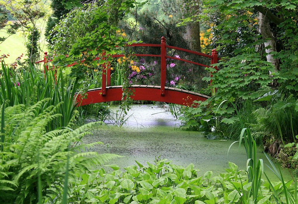 Waldgarten mit roter Brücke