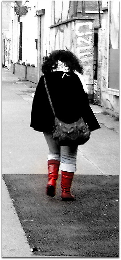 walking in red boots . .