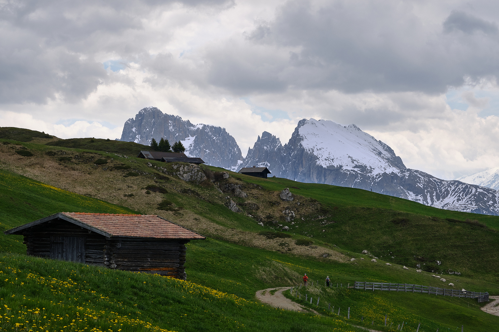 Wanderweg mit Langkofel und Plattkofel