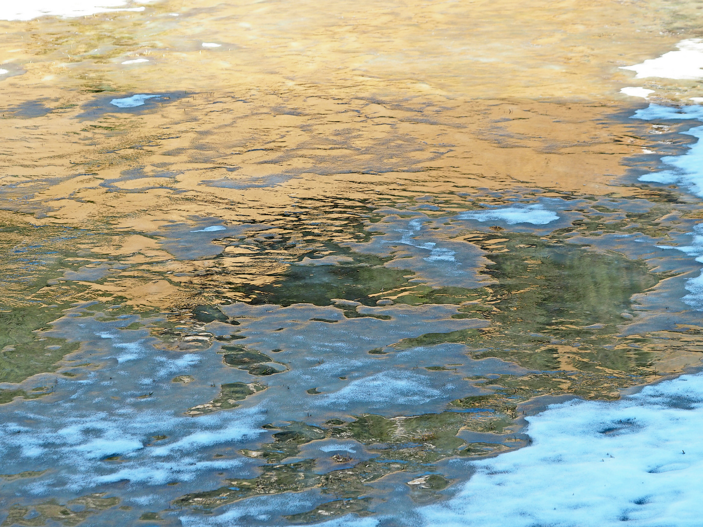 Wasser, Schnee, Eis und Spiegelungen in der überschwemmten Wiese ...