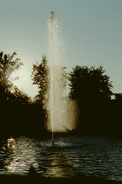 Wasserfontäne im abendlichen Gegenlicht