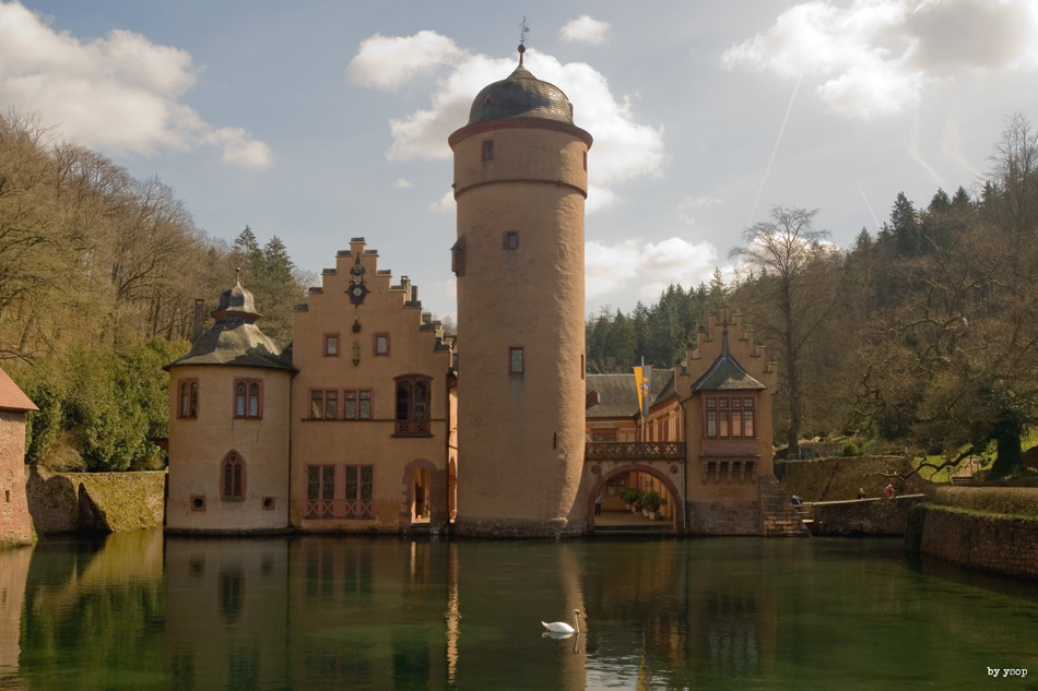 Wasserschloss Mespelbrunn mit Schwan in Farbe