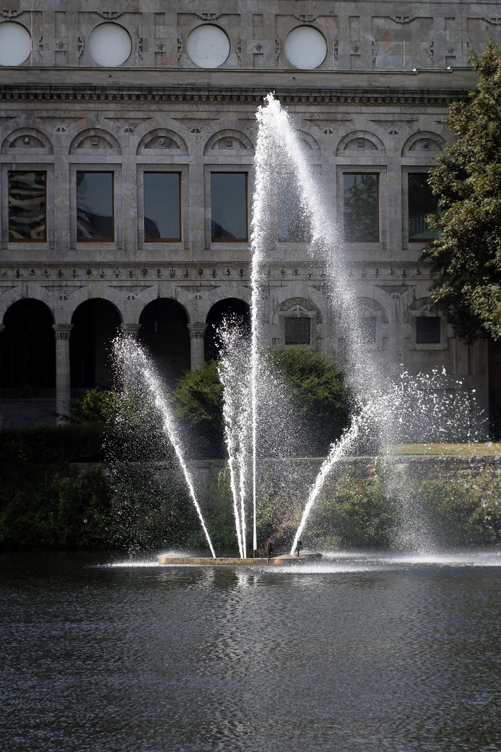 Wasserspiel auf der Ruhr vor Stadthalle