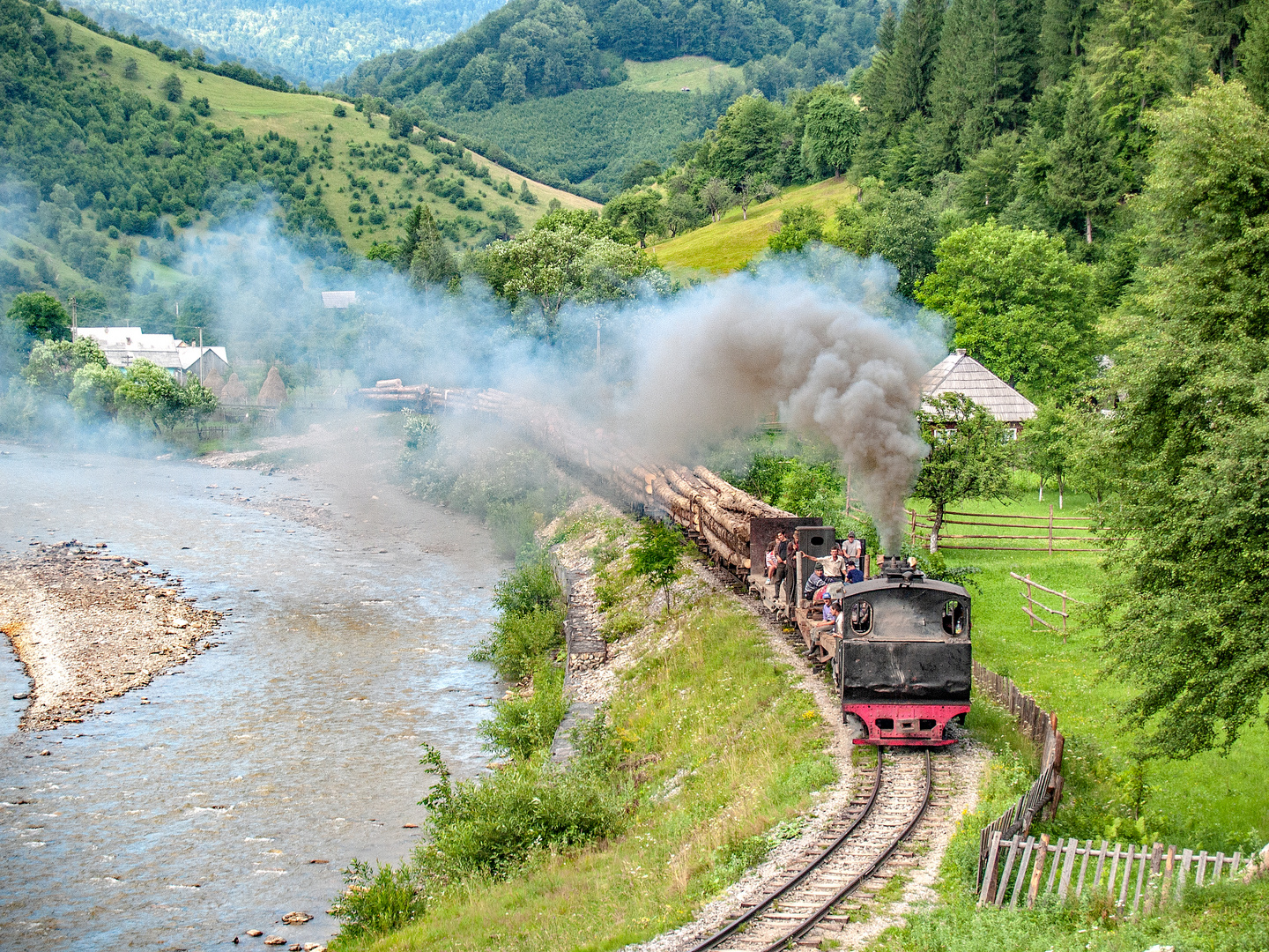 Wassertal: Die 764.469 führt einen beladenen Holzzug durch das Tal der Vaser bergab. 