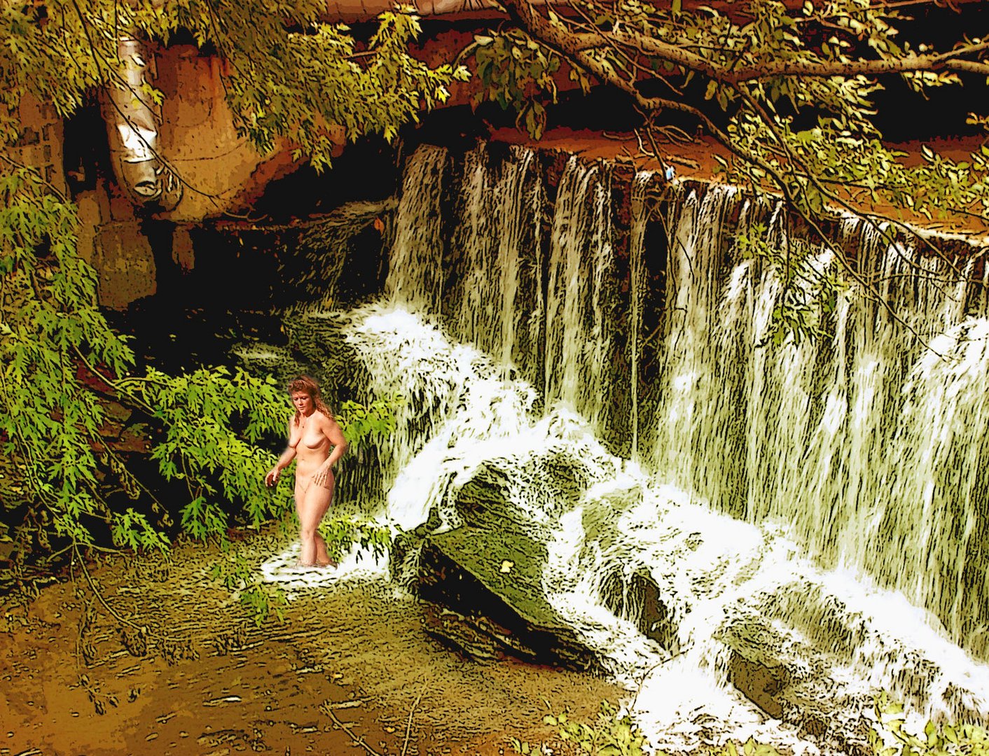 Waterfalls and nude woman