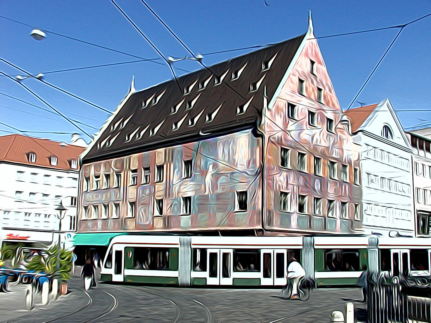 Weberhaus am Moritzplatz mit Straßenbahn