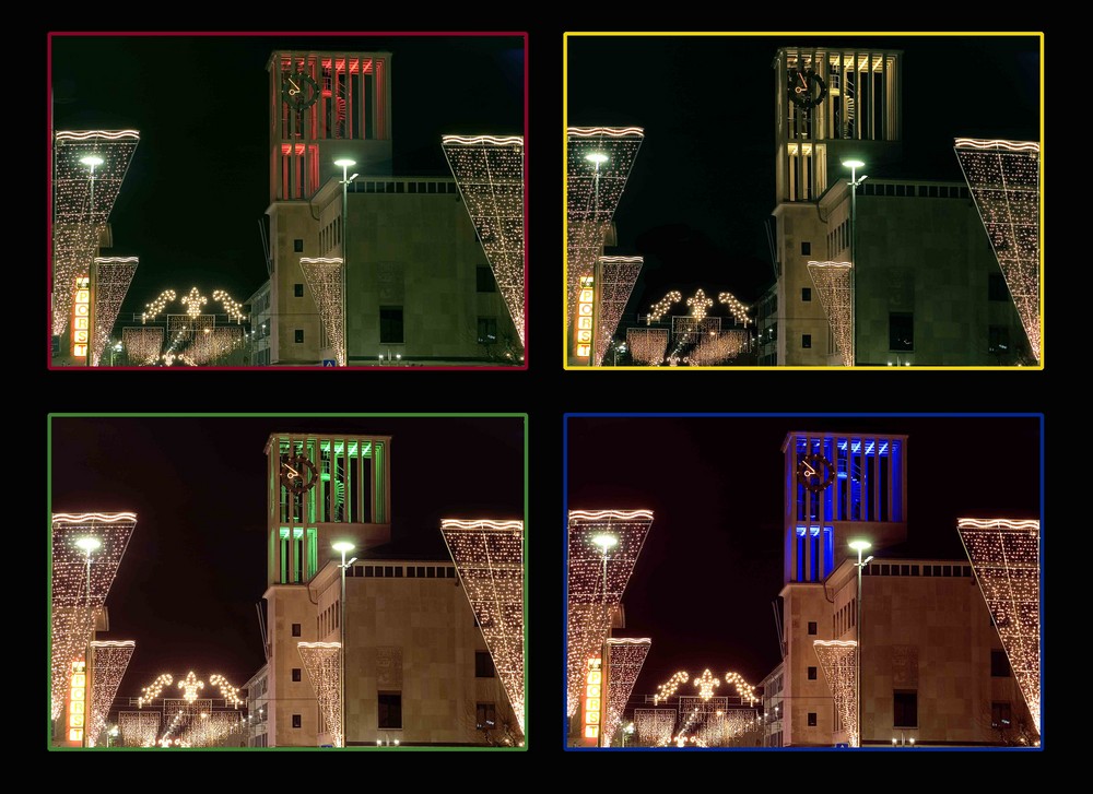 Weihnachten in Saarlouis - der Glockenturm in verschiedenen Farben