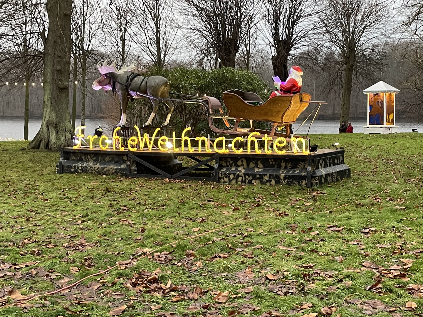 Weihnachtsmann im Schlitten wünscht frohe Weihnachten 