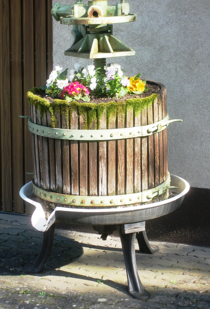 Weinpresse mit Blumen