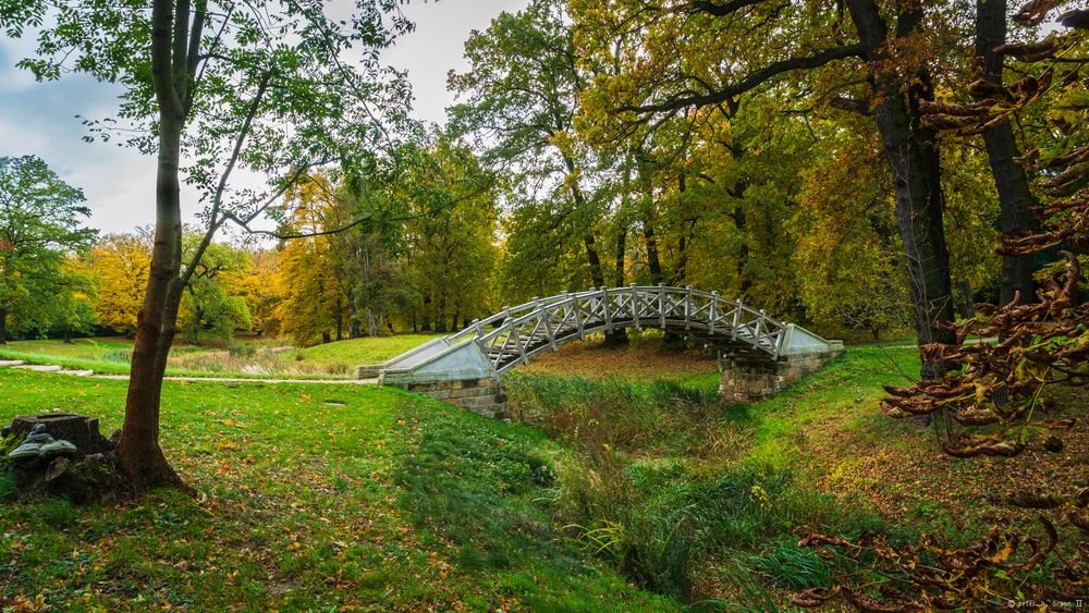 Weiße Brücke mit Bachbett und Weg...