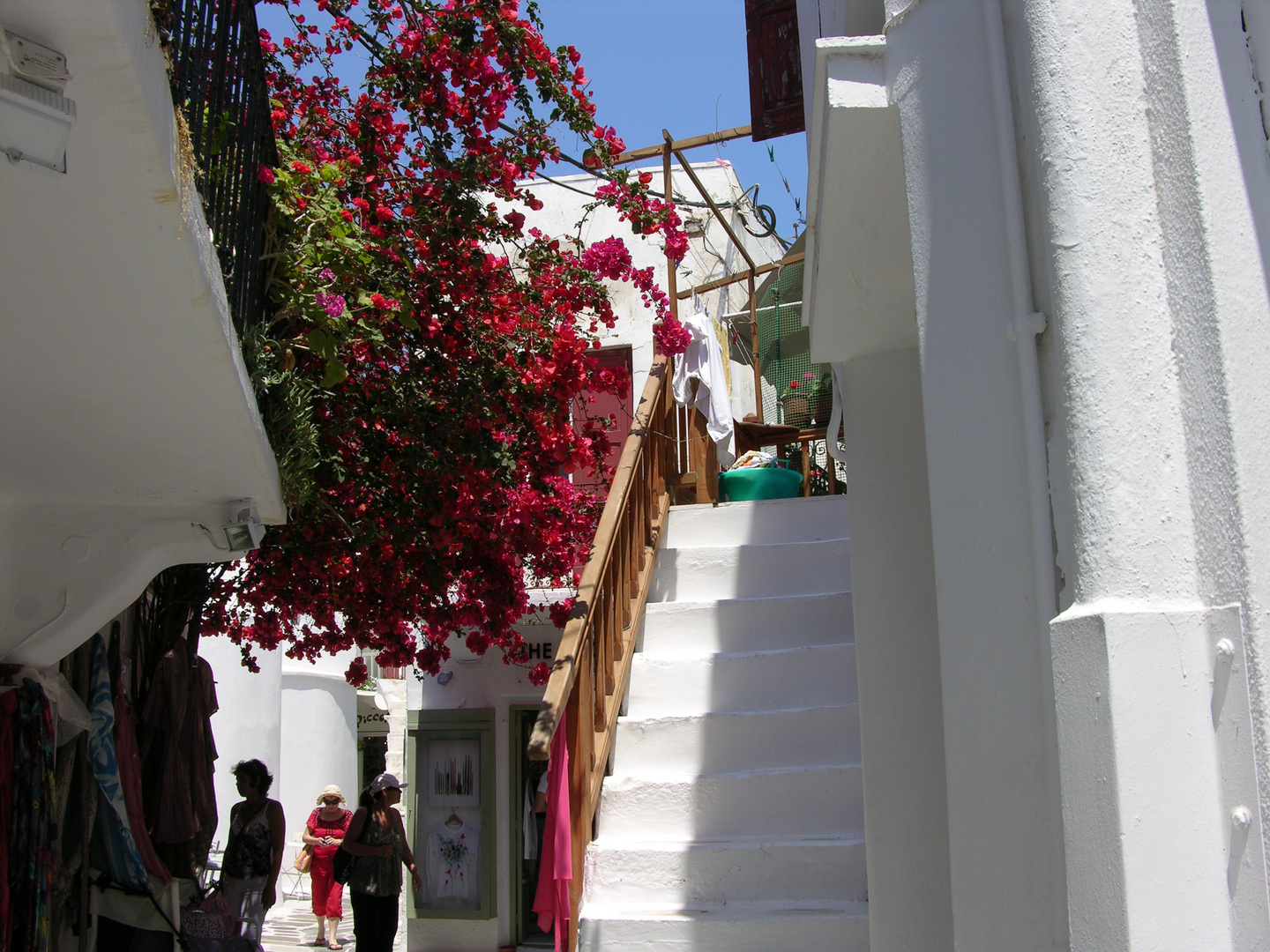 Weisse Treppe, rote Bouganville.