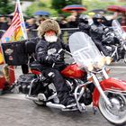 wenigstens der Harley Hund sitzt im trockenen bei der Parade. Schade, leider bei Regen