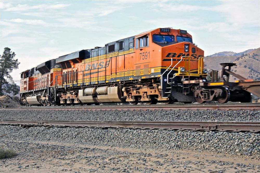 Westbound Freight Train pulled by BNSF #7329, BNSF #7591 at Tehachapi Loop,CA