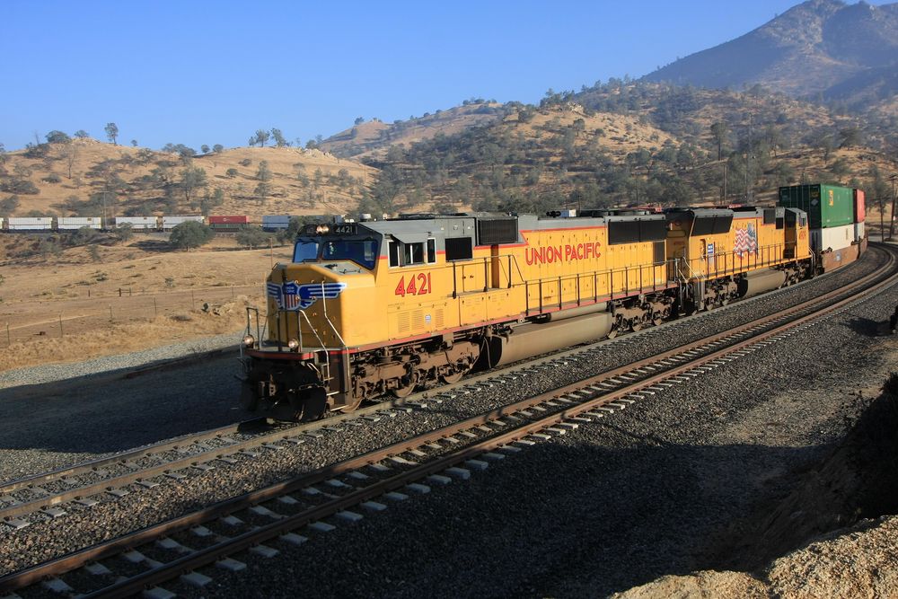 Westbound UP#4421 leading a Freight Double Container Train to Bakersfield..