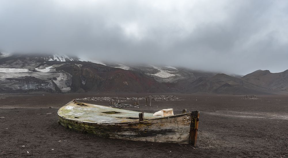 Whalers Bay Boot und Holzansammlungen