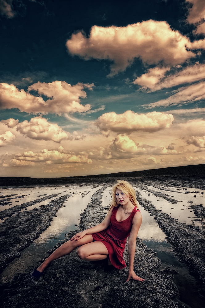 white clouds red dress