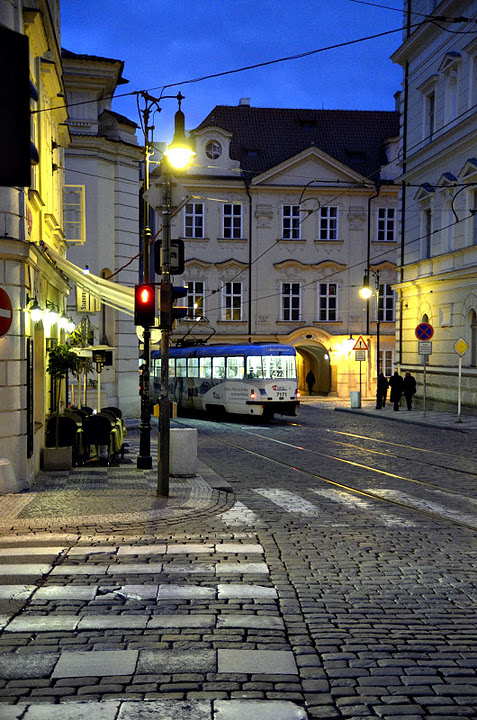 White tram in Prague.