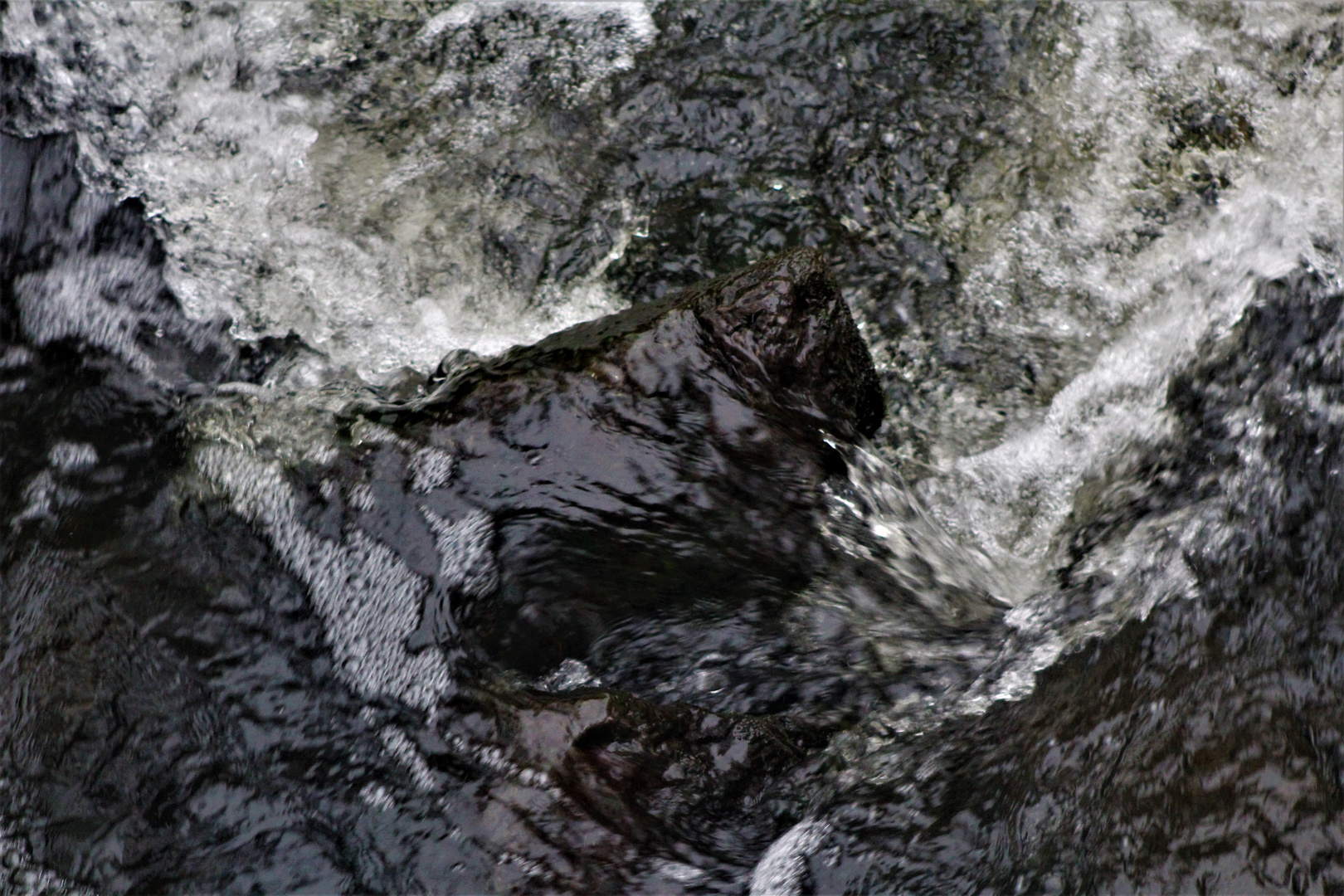 wild und ungebändigt umspült das kalte Wasser des Baches den  grossen Stein 