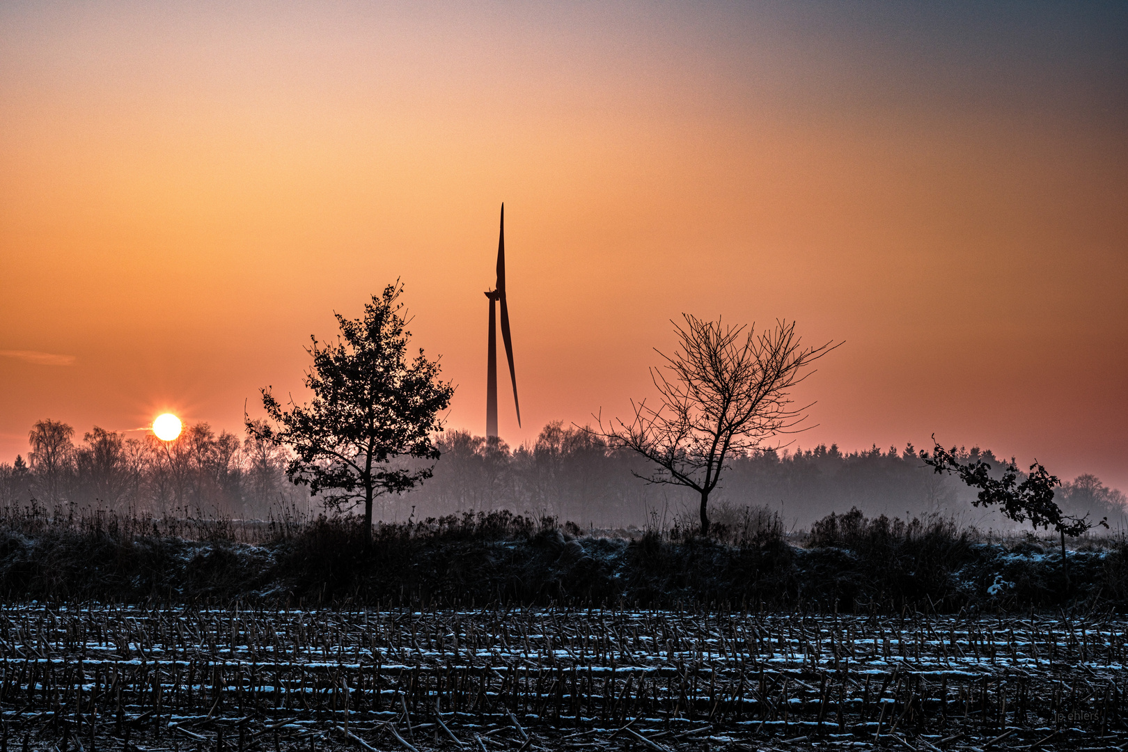 Windkraft und Bäume im Dunst im Winter