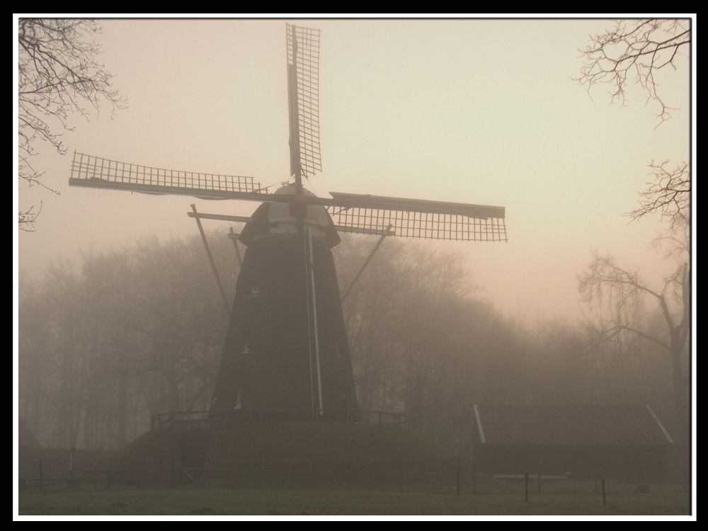 Windmill in misty sunrise.