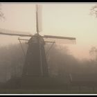 Windmill in misty sunrise.