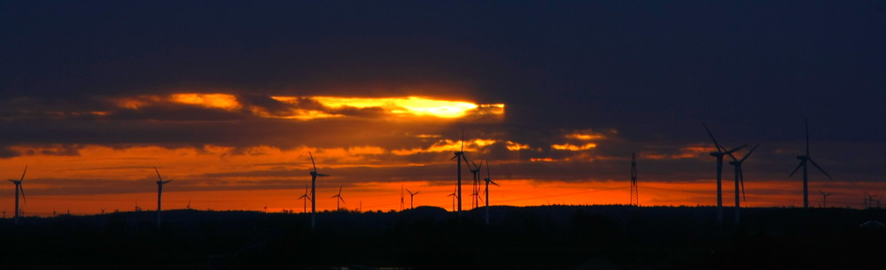 Windmühlen in der untergehenden Sonne