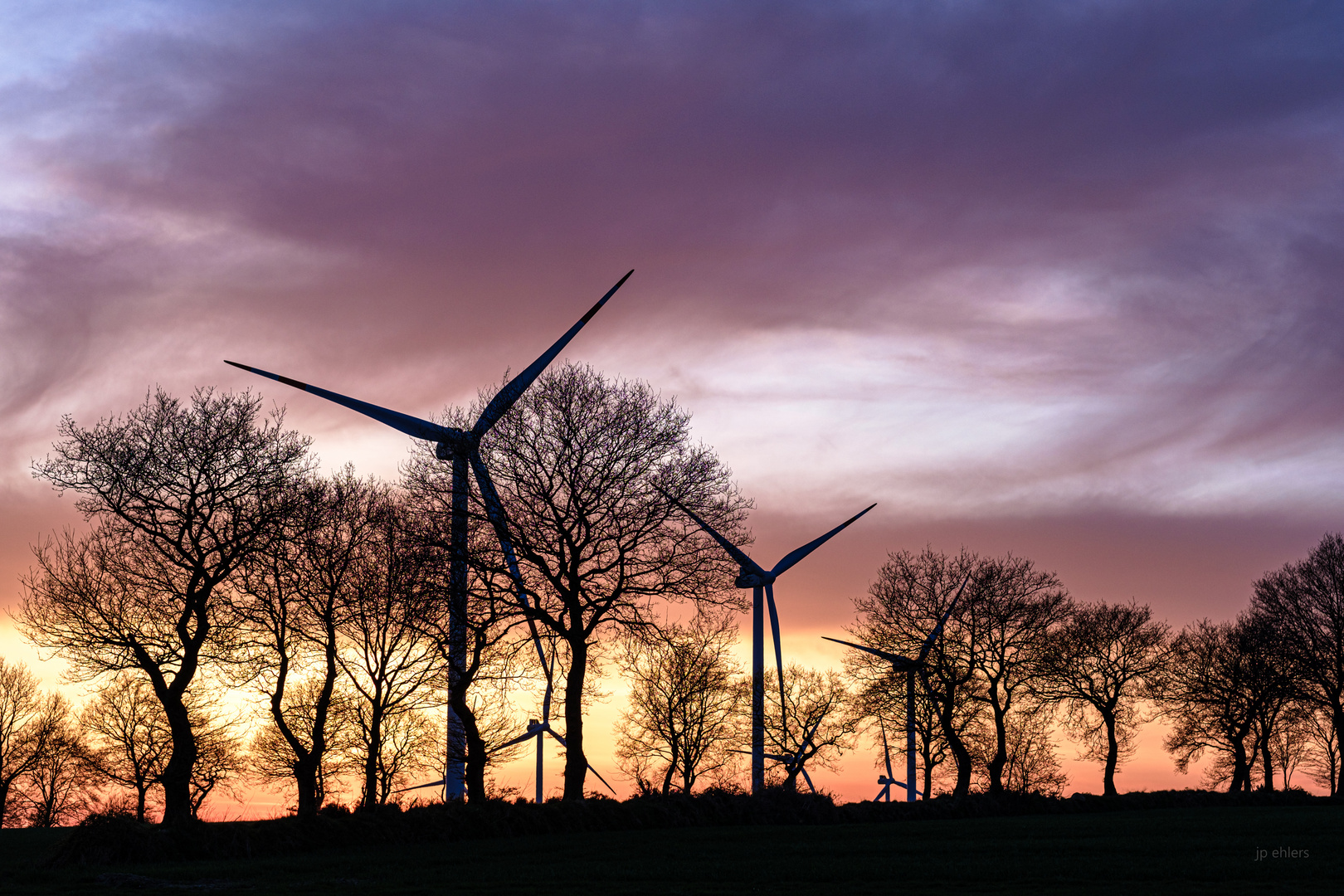 Windmühlen und Bäume unter purpurnem Himmel