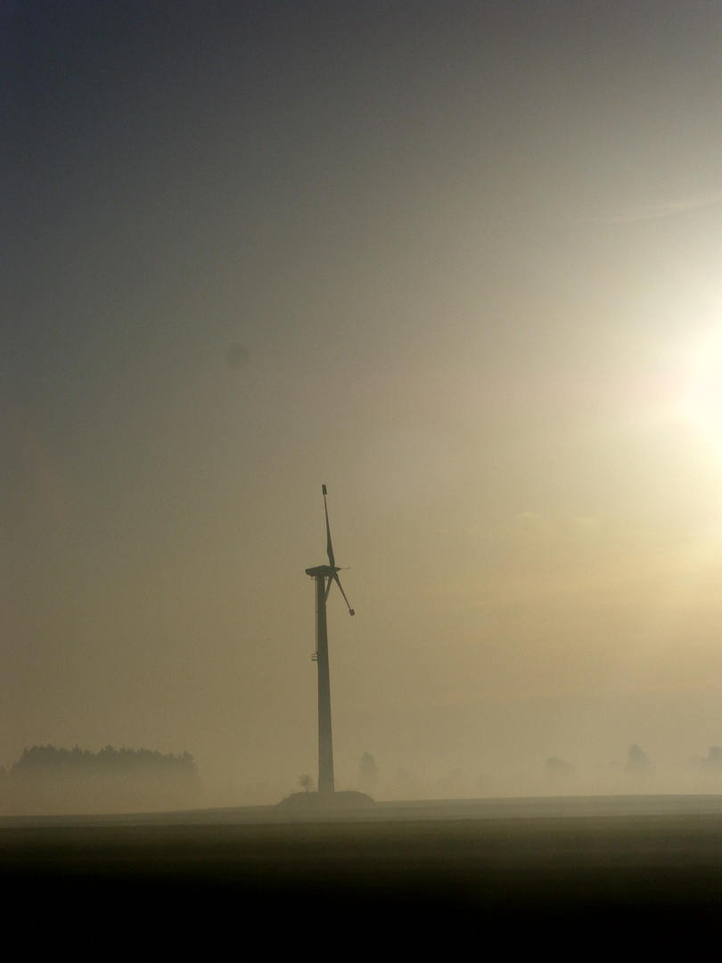 Windrad im Morgennebel