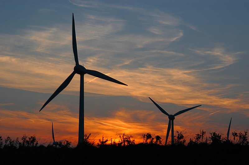 Windräder (Windenergieanlagen) im Sonnenuntergang