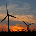 Windräder (Windenergieanlagen) im Sonnenuntergang