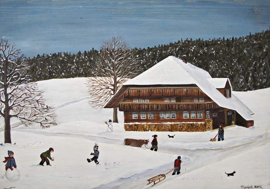 Winter  Bernerbauernhaus  -  Naive Malerei