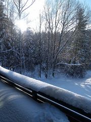 Winter-Sonnenaufgang im Wald neben dem Haus