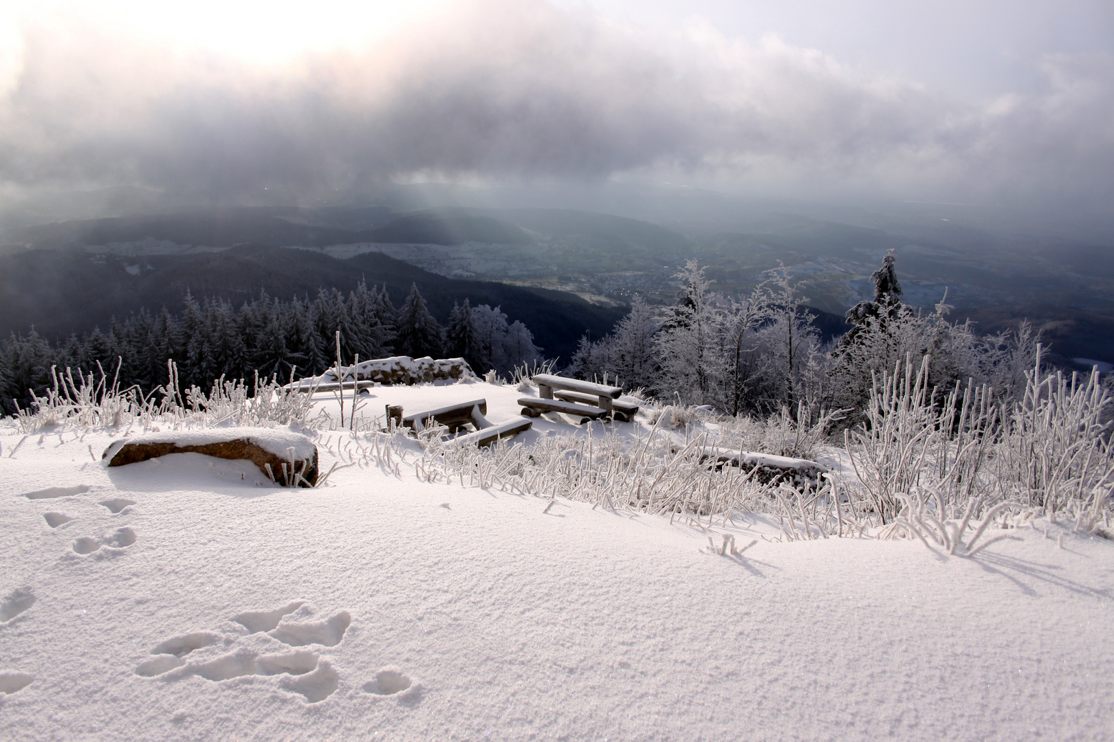 Winterlandschaft auf dem Hochblauen, südliche Richtung mit Blick auf Lörrach.